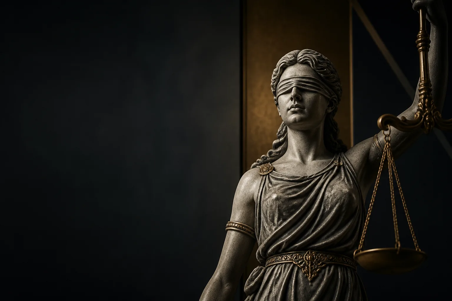 Patung Lady Justice dalam pencahayaan arsitektural berwarna perunggu